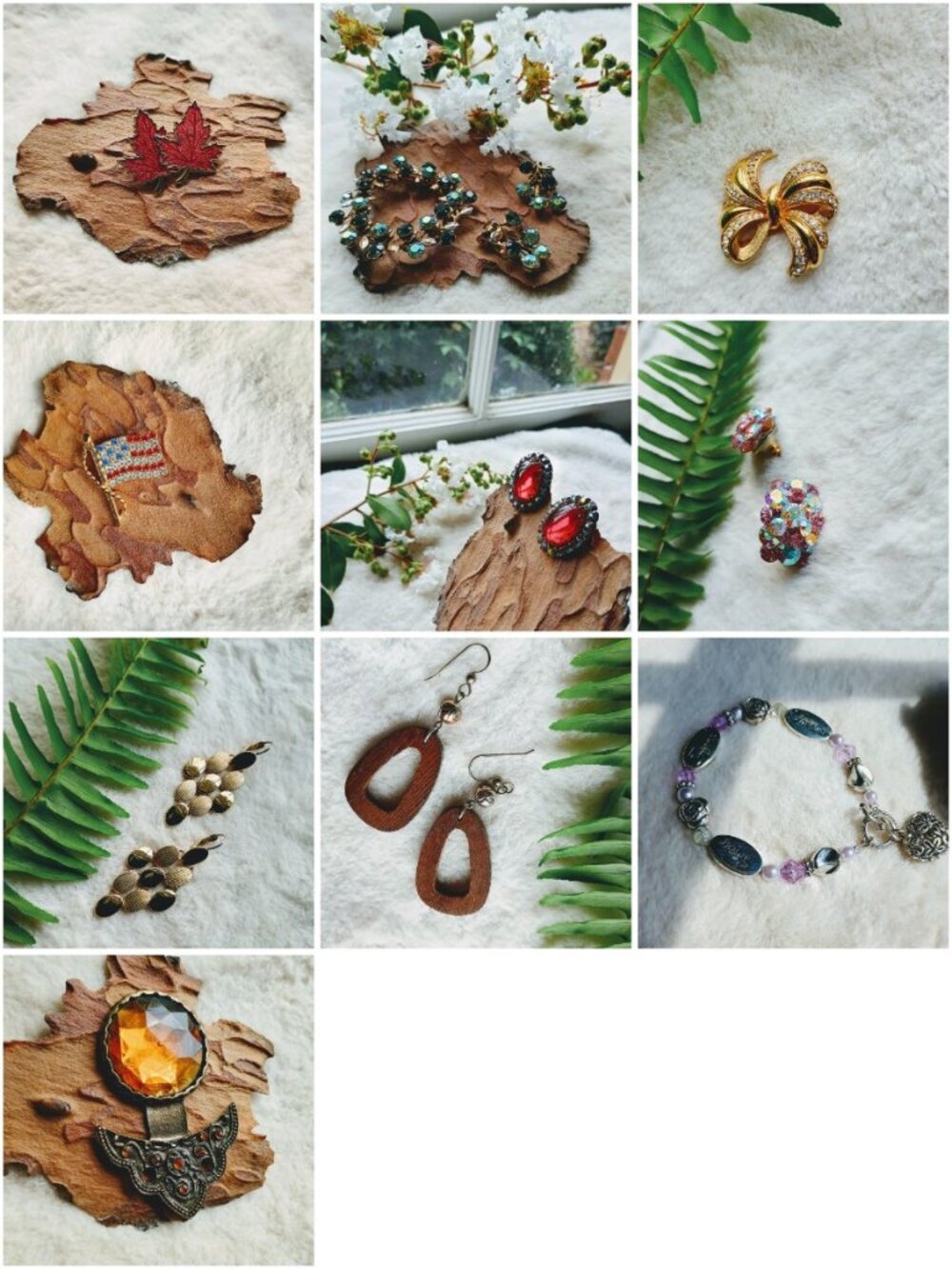 Vintage Costume Jewelry Lot, 10 Pieces: Brooches, Earrings & Bracelet